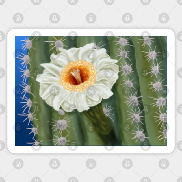 Saguaro Cactus White Flower Art Sticker by H. R. Sinclair